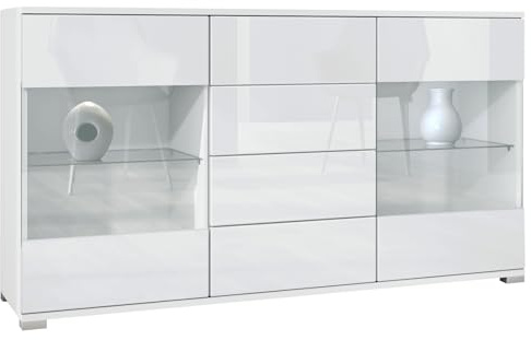 Vladon Sideboard Bari V1, Kommode mit 2 großen Türen und 4 Schubladen, Weiß matt/Weiß Hochglanz (138,5 x 75,5 x 35)
