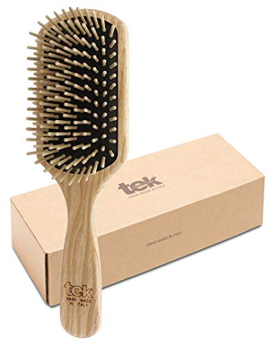 TEK - Spazzola Rettangolare Grande in Legno di Frassino, Handmade in Italy, con Dente Corto, per Capelli Medio-Corti, Lunghi e Lisci, Districante e Massaggiante