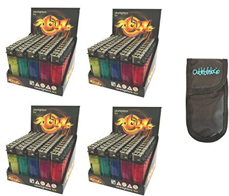 Outletdelocio. Pack 200 mecheros desechables. Colores surtidos. Con seguro a prueba de niños. Funda multiuso incluida. 64153x200/23054