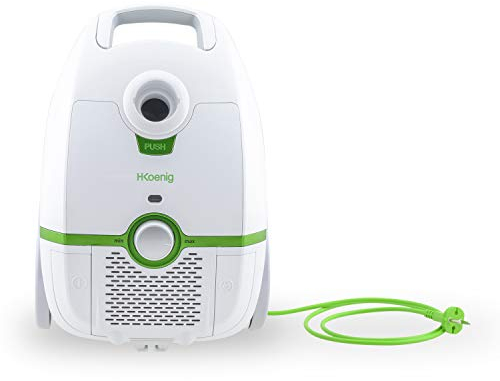 H.Koenig Staubsauger mit Beutel Schlitten weiß 3L AXO700, Energieeffizienzklasse AAA, HEPA-Filter H12, Leise, Leistungsstark, Effizient, Kompakt, inkl. Staubbürste und Fugendüse Teppiche und Hartböden