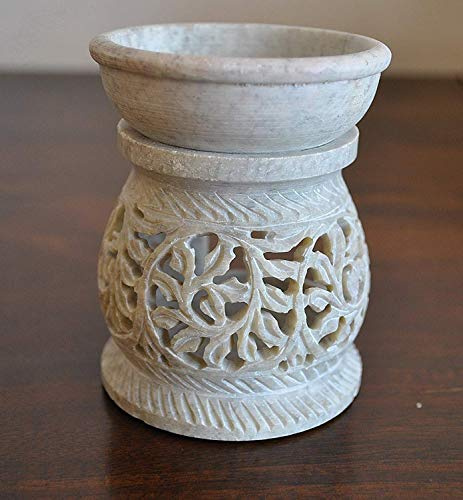 StarZebra Duftlampe / Stövchen / Diffusor für ätherische öle mit Teelicht-Halter für Aromatherapie, handgeschnitzter Speckstein, 7,6 cm, mit aufwändiger elegante Ranke