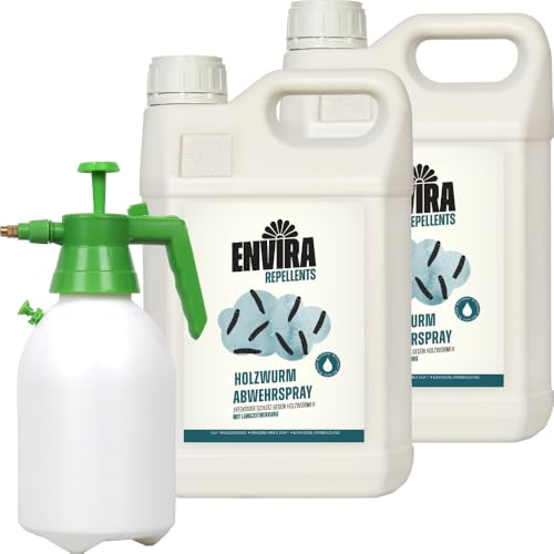 Envira Holzwurm Abwehrspray 2 x 5 Liter + 2L Sprüher - Spray mit Langzeitwirkung gegen Holzbock & Holzwurm - Mittel gegen Holzwürmer für innen - Effektives Holzwurmmittel & Holzwurmschutz