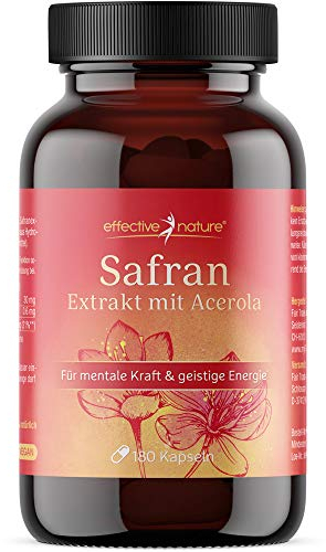 Safran Extrakt Kapseln - 180 Stück für 3 Monate - Mit 30 mg Safran aus Spanien - Safranalgehalt von mindestens 2% (600 µg) - Mit Vitamin C aus Bio-Acerola