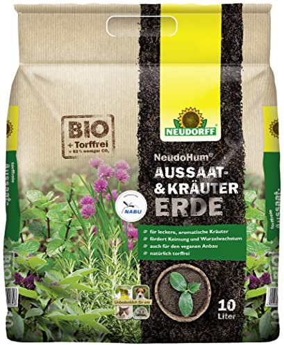 Neudorff NeudoHum Tierra para siembra y hierbas: tierra orgánica sin turba promueve la germinación y el crecimiento de raíces para siembra, hierbas, esquejes, plantas jóvenes, 10 litros