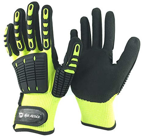 NMSafety Gant de travail de sécurité anti-vibration, résistant à l'huile, aux coupures, doigts entiers, nylon jaune, HPPE + fibre de verre, doublure tricotée sans couture avec paume en caoutchouc
