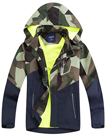 LAUSONS Kinder Gefütterte Regenjacke Jungen Camouflage Wasserdicht Jacke Leichte Übergangsjacke mit Abziehbar Kapuze Armeegrün DE: 128-134 (Herstellergröße 130)