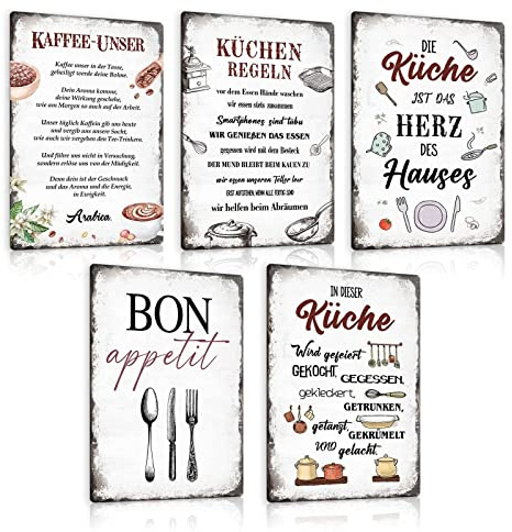 ZDFDC 5er Set Retro Blechschild Küche mit Spruch - KAFFEE UNSER - KÜCHEN REGELN - BON APPETIT - Vintage Metallschild Wand-schild Küchen-deko als Geschenk und Dekoration 20x30cm