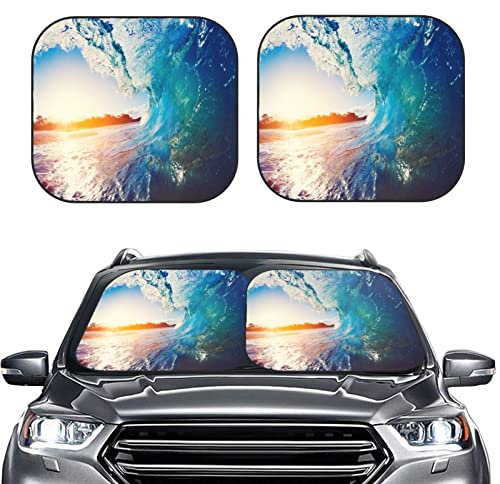 Auto Sonnenschutz Frontscheibenabdeckung Sonnenschutz Auto Frontscheibe Faltbar Motiv Strandwellen Auto Scheibenabdeckung Sommer Auto Zubehör Sonnenschutz 2-teilig 74x60cm mit Aufbewahrungstasche