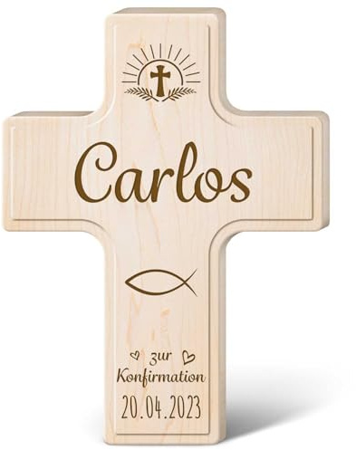 GRAVURZEILE Personalisiertes Holzkreuz mit Gravur - Zur Konfirmation - Personalisiert mit Namen & Datum - Holzkreuz für Kinder - Geschenk zur Konfirmation für Jungen & Mädchen - 19 x 14 cm
