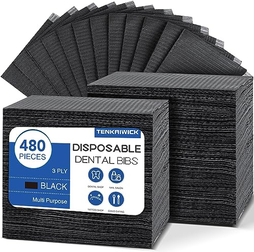 480 Pack Disposable Dental Bibs 13x18, 3-Ply Waterproof Tattoo Bibs Sheet for Nail Salon, Dental Clinic, Feeding, Tattoo Shop (Black)
