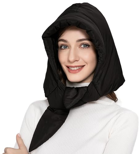 ZLYC Women Winter Down Hat Windproof Hooded Scarf Soft Warm Balaclava Skull Cap Beanie Hat(Solid Black)