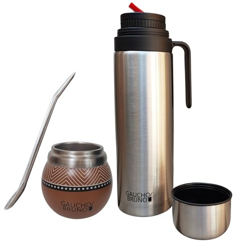 Gaucho Bruno - Mate de Acero Inoxidable para Beber Yerba Mate | Mantiene la temperatura de la bebida | Con Bombilla y termo de 1 litro con pico vertedor de precisión pico Cebador