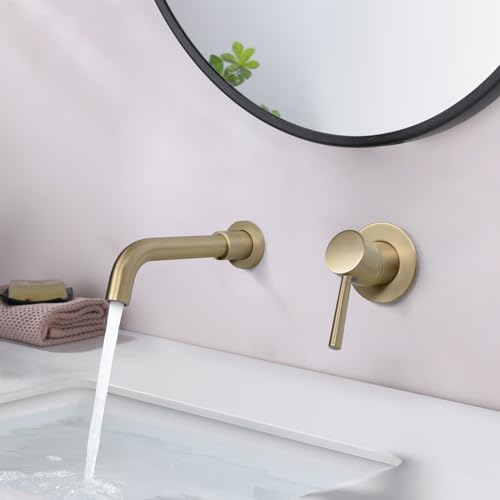 PHASAT Grifo de lavabo de baño montado en la pared, grifo mezclador de latón oculto para lavabo caliente y frío, oro cepillado PTBB06LG