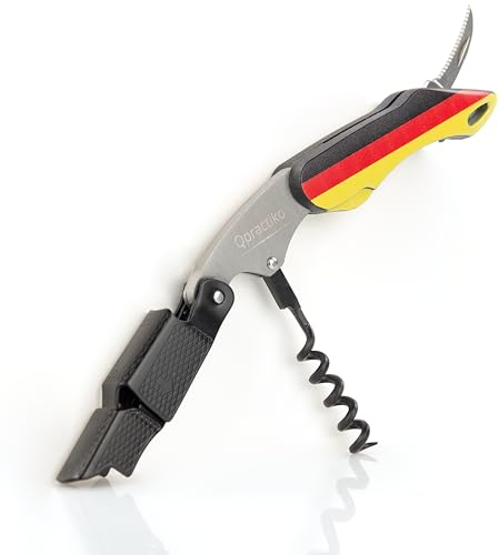 Qpractiko | Sacacorchos dos tiempos, bandera Alemania, acero inoxidable, espiral teflón, cortacápsulas integrado, ergonómico | Fácil apertura, extracción limpia