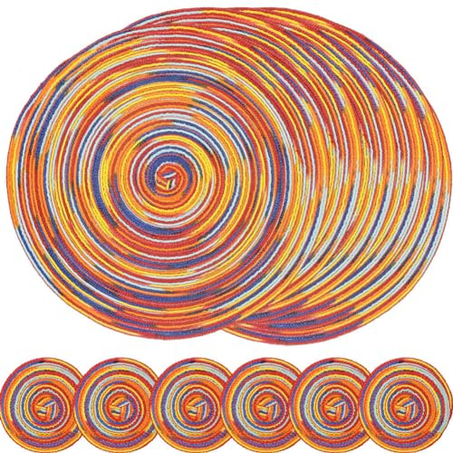 SCF2017 Tovagliette Rotonde Colazione Americana in Cotone Intrecciato, Resistenti al Calore, 38 cm e Sottopiatti Rotondi da 11 cm, Set da 6, Rosso Arcobaleno