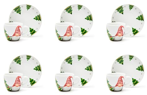 Excelsa Gnomo Friends Set 6 Tazzine Caffè con Piattino, Porcellana, Capacità 70 Ml.