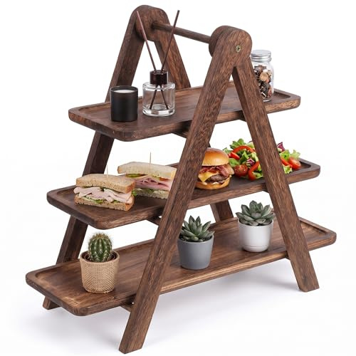 DEARMAMY Wooden 3 Tier Serving Tray Stand Food Preparation Rack for Kitchen Storage Dish Display and Side Dish Organisation Multi Layer Tray Holder 16.93 X 15.75 X 8.15 in