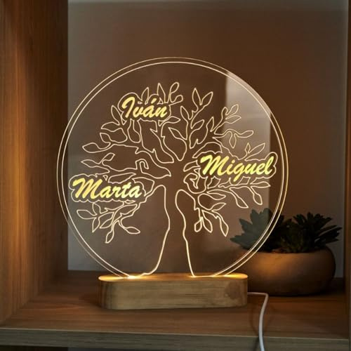 DEREGALOOS Lámpara LED Personalizada Árbol Genealógico. Lámpara decorativa Árbol de la Vida. Regalos Originales familia. Base Madera Led (Grande)