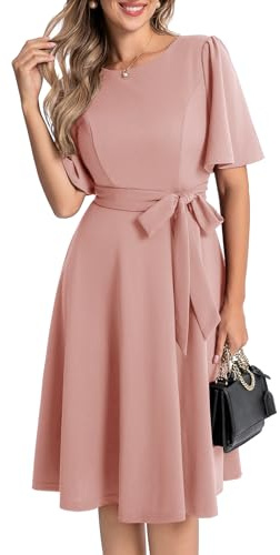 Bbonlinedress Abito da donna midi vintage cocktail party tea dress manica corta formale matrimonio ospite chiesa abito modesto