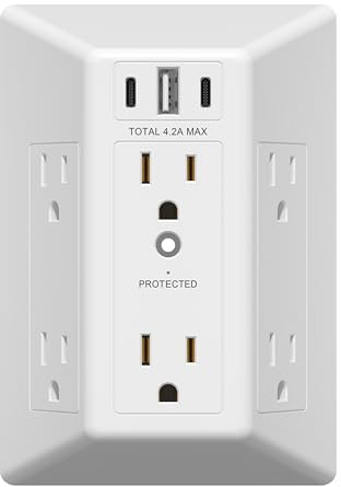 LIDER 6 Outlet Surge Protector Extender with 20W 4.2A 3 USB Type A/C Chargers, 1500 Joules, Multi Plug Wall Charger for Home Office, UL-Listed, White