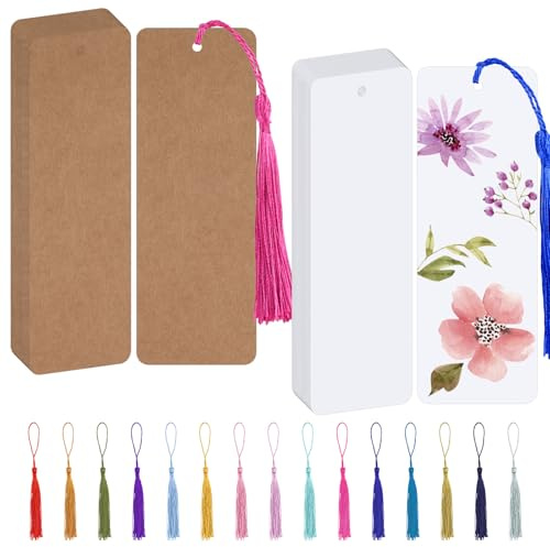 Blanko Lesezeichen, 60 Stück Papier Lesezeichens Basteln mit Loch, Lesezeichen Rohlinge Set für DIY Handwerk Geschenkanhänger(Weiß & Braun, 14x5cm)