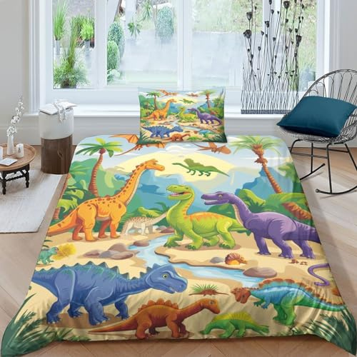 NRAOPEVVD Dinosaurier Bettbezug Bettwäsche Set Kinderbettwäsche-Set Reißverschluss Mit Kissenbezug Betten Set Für Jugendliche Kinder Schlafzimmer Single（135x200cm）