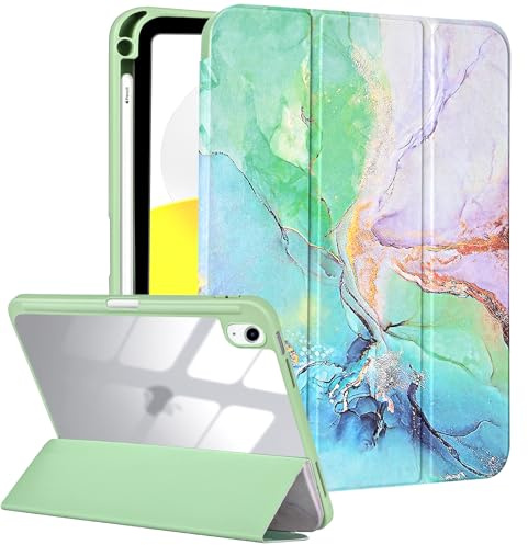 Fycyko Hülle für iPad 10. Generation/11. Generation 2025(A16), iPad 10.9 Zoll Hülle mit Bleistifthalter, Trifold Stünder mit Kratz, Herrlichem Muster Entwerfen- Marmor Grün