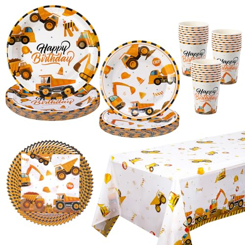 Xialvyu 97 stoviglie da cantiere per 24 ospiti, decorazione per il compleanno dei bambini, piatti di carta per escavatore, tovaglioli e tovaglie