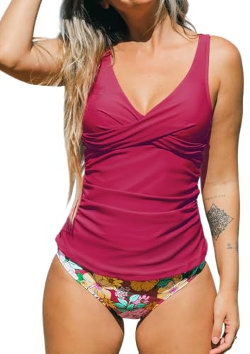 CUPSHE Conjunto de tankini de dos piezas para mujer, traje de baño de talle medio con frente fruncida y shirred con torsión, Large