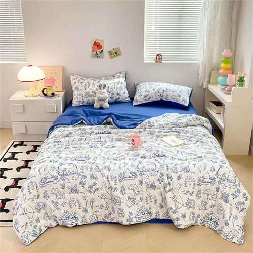Odot Coverless Duvet 2.5 Tog Single Double King Size, Reversible Summer Quilted Duvet Cosy & Lightweight Quilt Breathable Bedspreads Quilted Throw for Beds (Blue Rabbit,150 * 200cm)