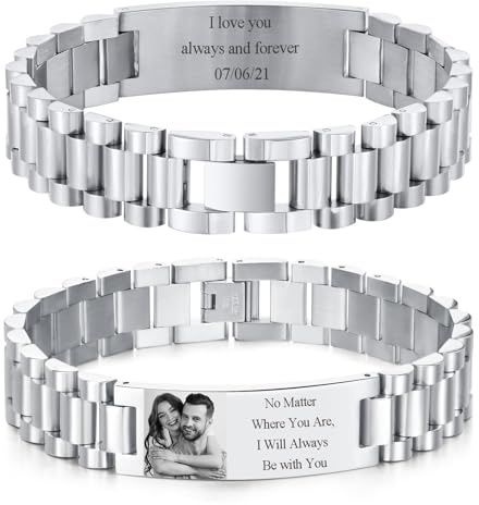 Kiddo Sky Personalisiertes Armband für Papa Herren – Gravierter Name Text Foto, Edelstahl-Schmuck Geschenke für Geburtstag, Jahrestag Vater Ehemann Opa Sohn Freund