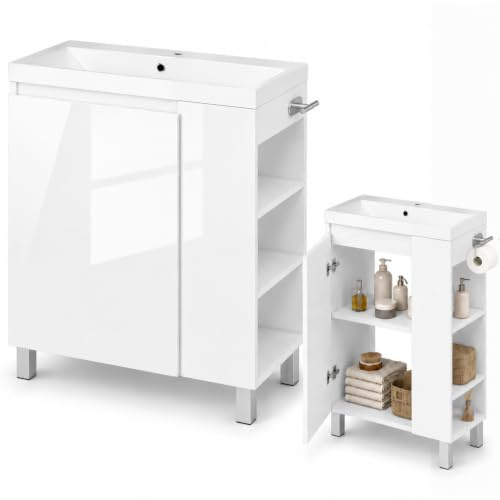 paplinskimoebel - Waschbecken mit Unterschrank SEVA, 57 cm Breite, Waschtisch Stehend oder Hängend, Badmöbel Set für Badezimmer, Waschbeckenunterschrank mit Toilettenpapierhalter - Weiß
