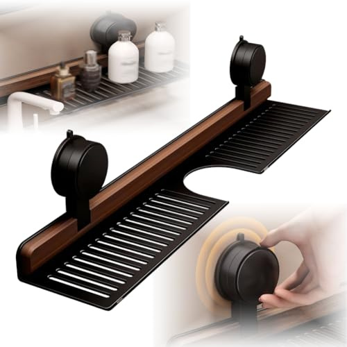 UIUSEA Walnut Bathroom Kitchen Suction Storage Holder, 2025 New Removable Wall Mounted Sink Shelf Over Faucet, Sink Faucet Organizers,No Drill Faucet Organizer Rack for Bathroom (Black, 50CM)
