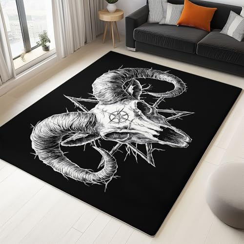 Non Slip Area Rugs Living Room - Black Washable Super Soft Low Pile Rug for Bedroom - Fantasy Animal Ram Skull Non Shedding Durable Floor Carpet 80 x 150 Cm