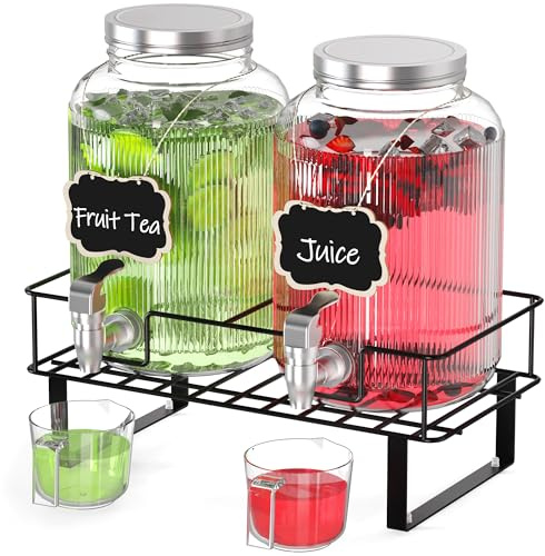 2 Stück 4L Getränkespender Aus Glas, Getränkespender Mit Zapfhahn, Metall Ständer und Messbecher, Wasserspender für Saft/Cocktails/Obsttee, Saftspender für Partys, Hochzeiten