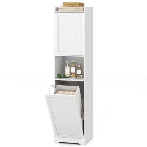 LIFEZEAL Badezimmerschrank, Hochschrank mit Wäschekorb & Regal, Schmaler Badschrank mit verstellbaren Ablagen, Mehrzweckschrank Aufbewahrungsschrank für Badezimmer, Wohnzimmer, Schlafzimmer (Weiß)