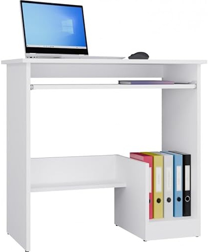 CDF Scrivania Tavolo da Lavoro Computer con Ripiano Estraibile Tastiera e Mensola Portaoggetti Postazione Studio Ufficio Cameretta Gaming Smartworking Salvaspazio Design Moderno Funzionale - Bianco