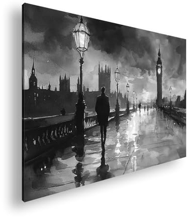 Farbenhorizont Leinwandbild Abenddämmerung in London – Licht fließt durch nasse Straßen Format: 60x40cm Effekt: Schwarz&Weiß XXL Wandbild auf Keilrahmen/Kunstdruck/Bild Wohnzimmer Dekoration