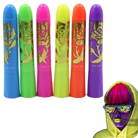Glühen in der dunklen Gesichtsfarbe-6-teiliger Neon-Gesicht-Farben, lang anhaltende Waschstrahlstifte für Cosplay, Partys, Festivals, Nachtclubs, Halloween, Themenkostüme | Perfekt für Musikfestivals,