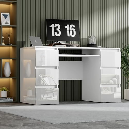 TRIOBLADE Computer Desk with 6 Drawers High Gloss Writing Table 120x50x70cm PC Workstation Study Makeup Dressing Table with Large Storage Working Vanity Desk for Home Office (White)