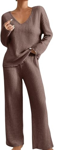 Husdräkt dam ribbad tvådelad dam stickad, loungeset vinter stickad loungewear set elegant enfärgad joggingdräkt V-ringad hemmakläder breda byxor fritid kostym med fickor fritidsoverall, BRUN, XXL