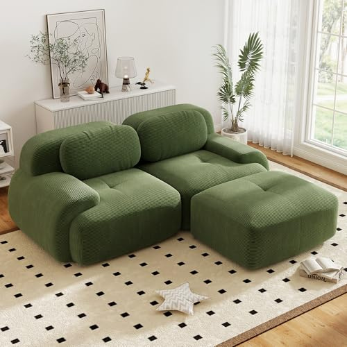 Canapé d'angle convertible moderne de 208 cm avec pouf, canapé modulaire en velours côtelé en forme de L, canapé compressé 2 à 4 places pour salon, assise extra profonde, aucun assemblage requis