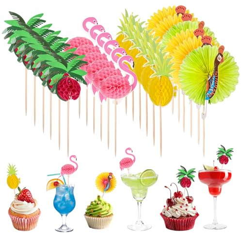 EKKONG 100 Piezas Palillos de Cóctel de Madera, Decoración 3D Flamenco Piña Pavo Real Palmera de Coco, Palillos Hawaianos para Fiestas de Verano, Cumpleaños, Bar, Bebidas, Pasteles (A)
