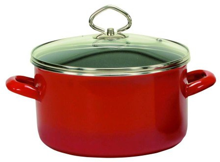 Krüger Emaille Kochtopf Rom Ø 24 cm (5,5 L) | Mit Glasdeckel & Literskala | PFAS-frei | Induktionsgeeignet | Backofenfest | Spülmaschinengeeignet | Schnitt- & kratzfeste Emaille