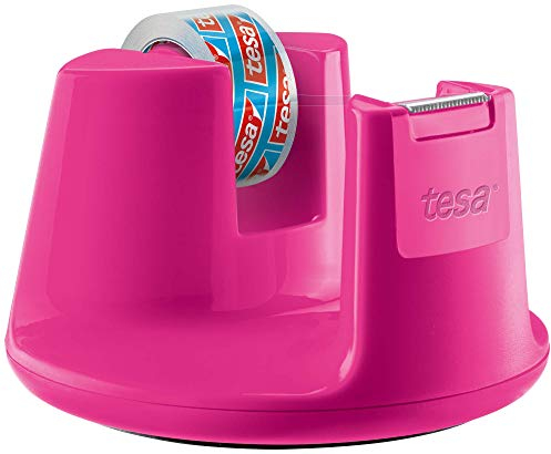 tesa EasyCut® COMPACT - Dispensador de Cinta Adhesiva - Dispensador de Escritorio con Base Stop-Pad para Mesas y Escritorios - Incluye 1 Rollo de Cinta tesafilm® 10m x 15 mm - Rosa