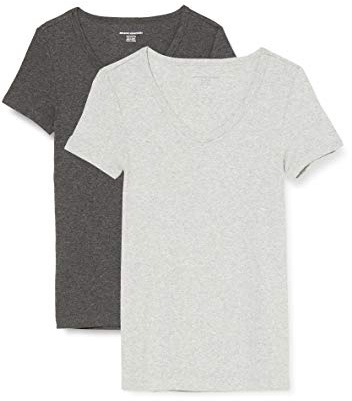 Amazon Essentials Camiseta de Cuello en Pico de Manga Corta y Ajuste Entallado Mujer, Pack de 2, Carbón Mezcla/Gris Claro Mezcla, XL