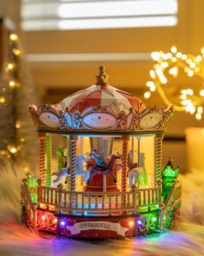 HomeZone Carrusel de Navidad musical con luces LED multicolor, funciona con pilas, adornos de Navidad para decoración del hogar, mantel, decoración de pueblo de Navidad