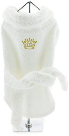 DOGGIE DESIGN White Silver or Gold Tiara Cotton Dog Bathrobe (Large, Gold Crown)