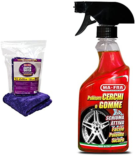Ma-Fra Super Dryer, Panno In Microfibra Superfine, Ad Alto Grado Di Assorbimento E Resistenza & Pulitore Cerchi E Gomme, Deterge E Sgrassa Gli Pneumatici Delle Auto, Utilizzabile Con Schiuma