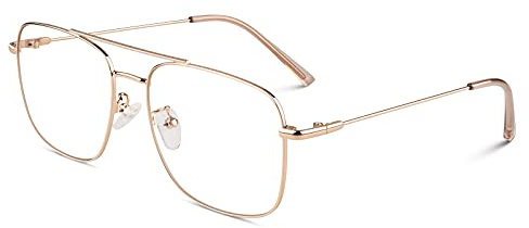 GQUEEN Pilot Fake Brille Ohne Stärke Damen Herren Retro Metallrahmen UV400 | Leicht,Metallgestell,Verstellbare Nasenauflagen